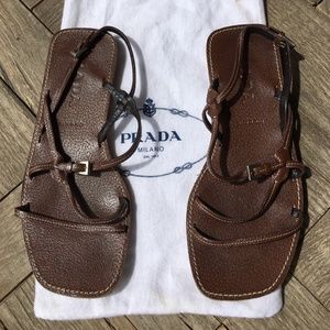 Prada brown top stitch cross over strap sandal
